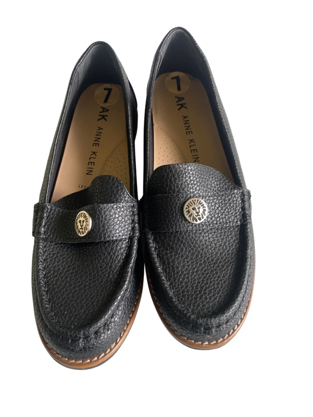 Anne Klein Black Pebbled Leather Penny Loafers with Gold Accent